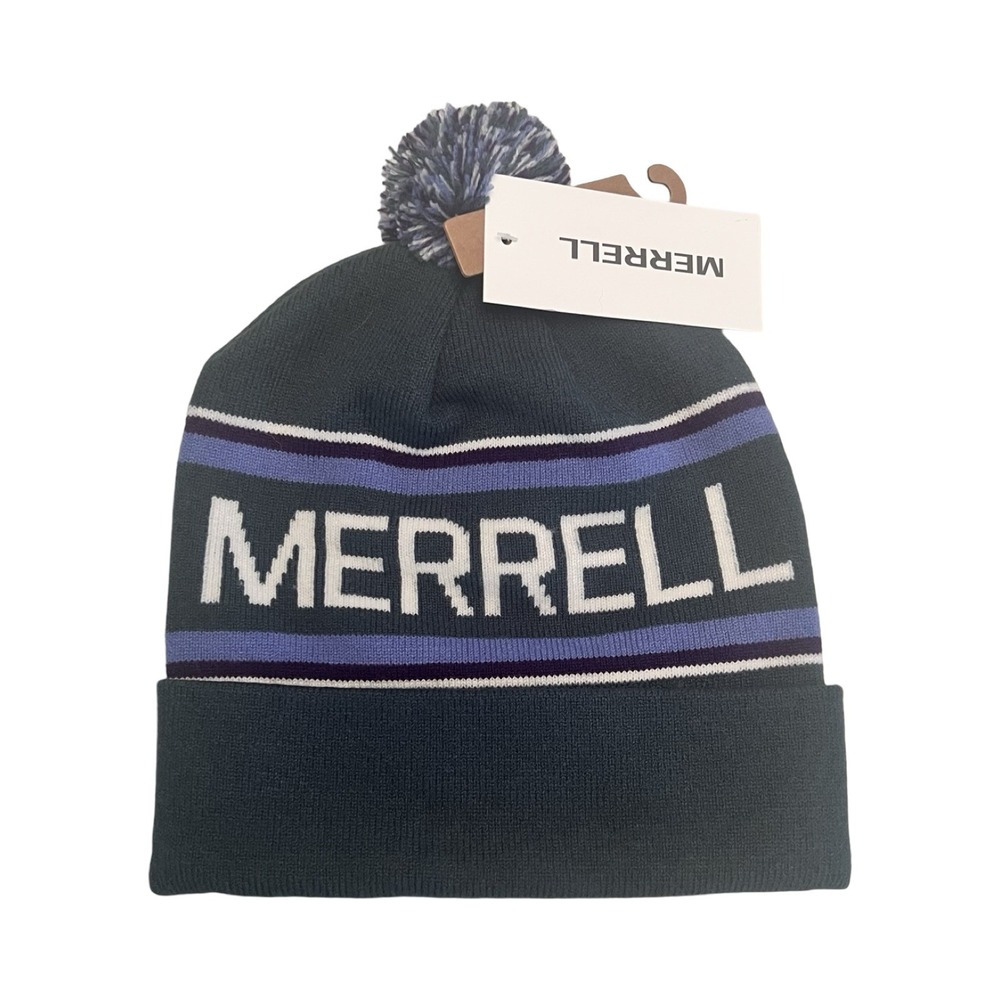 Merrell Blue Green Striped‎ Pom Pom Beanie Hat Logo Cuffed Knit Cap NWT JAF26130
